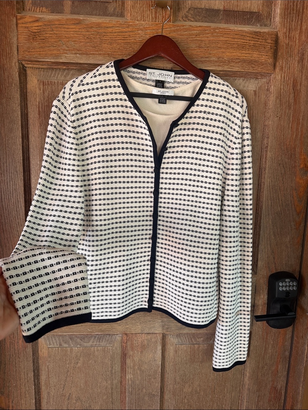 St. John Collection Cream and Black Knit Open-Front Jacket